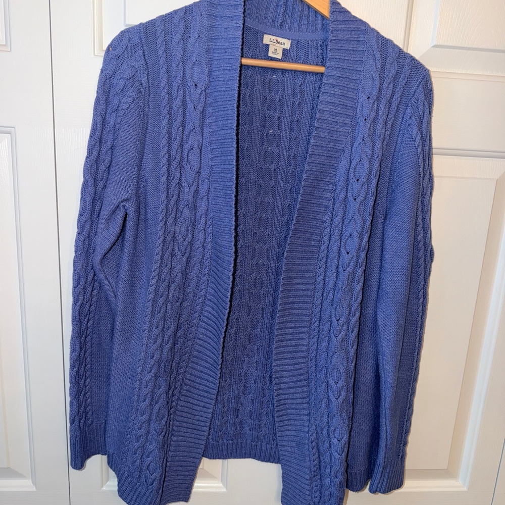 LL Bean Womens Blue 100% Cotton Cable Knit Open Front Cardigan Sweater M 501183